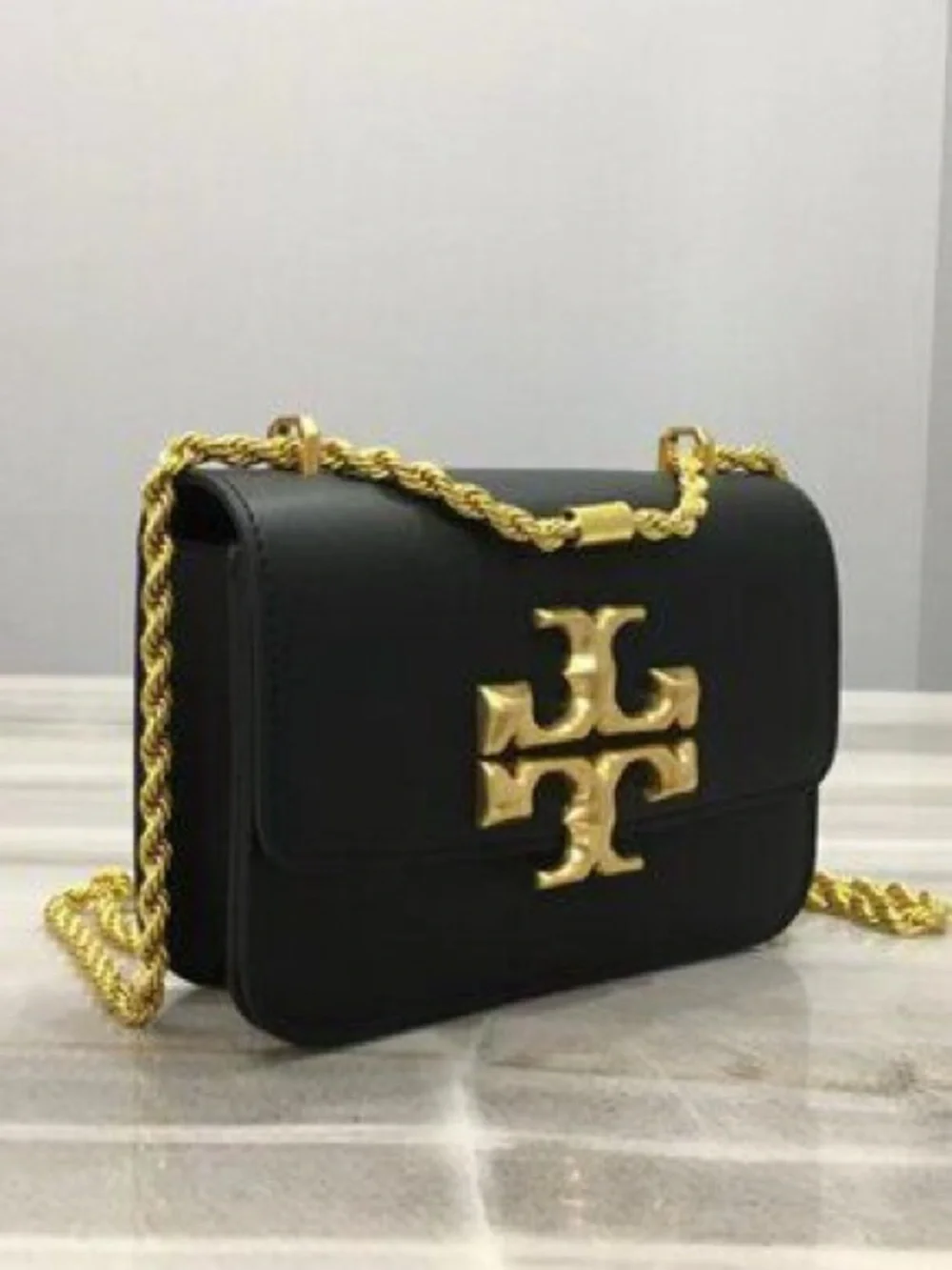 Tory Burch Black Leather Kira Shoulder Bag with Gold Logo